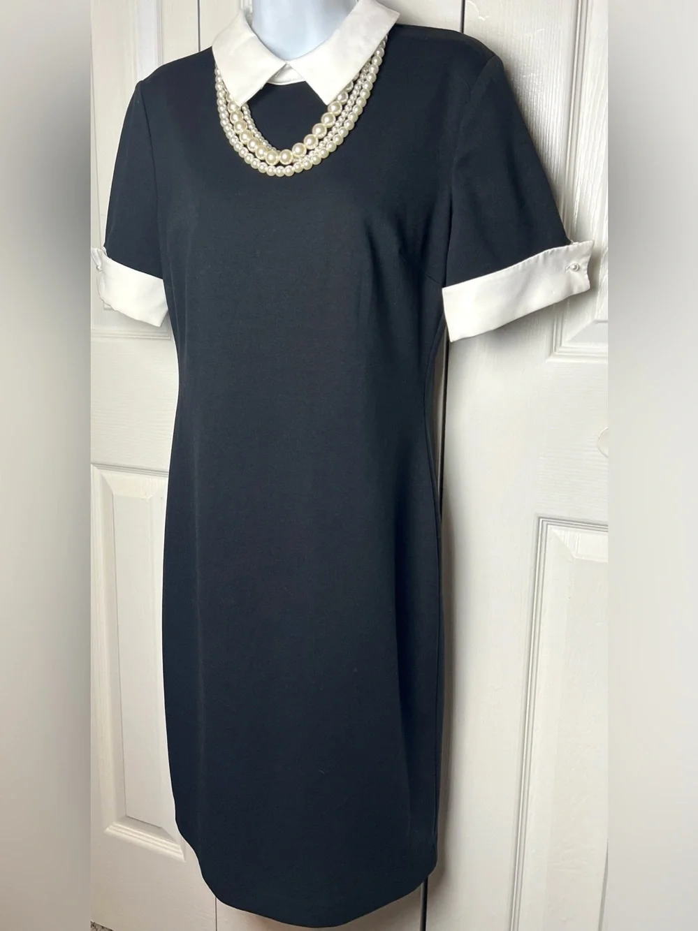 KARL LAGERFIELD Paris Dress Shift Peter Pan Collar Pearls Black White Designer - Picture 5 of 11